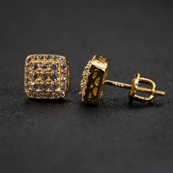 14K Gold Small Iced Cz Sterling Silver Screw Back Men's 3D Square Stud Earrings - Picture 2 of 4
